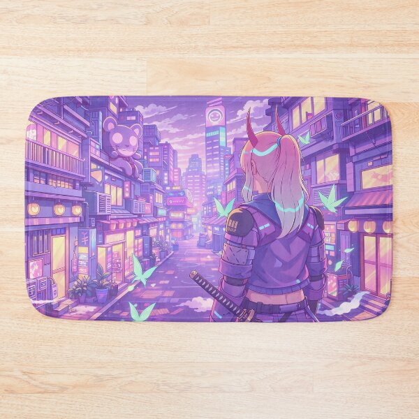 Item preview, Pastel Cyberpunk Anime Warrior Girl Neon City Street deskmat designed and sold by CharmedVille.