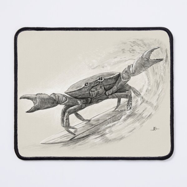 Item preview, Surfing Crab Pencil Drawing – Vintage Coastal Black and White Surf Art designed and sold by kolonjArt.