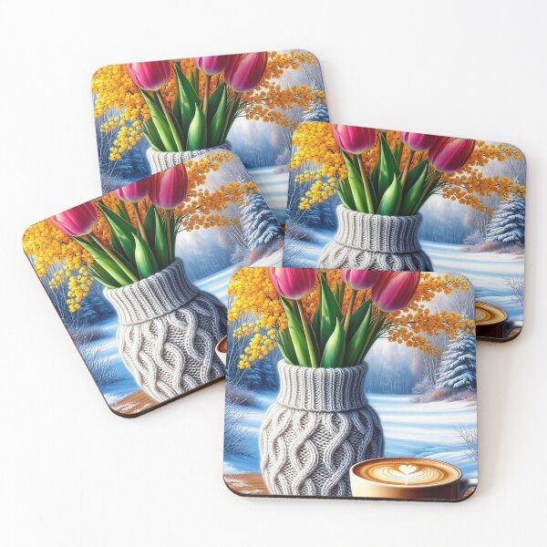 Item preview, Cozy Winter Coffee with Tulips – Spring Flowers in Snow Scene designed and sold by AmetistLight.