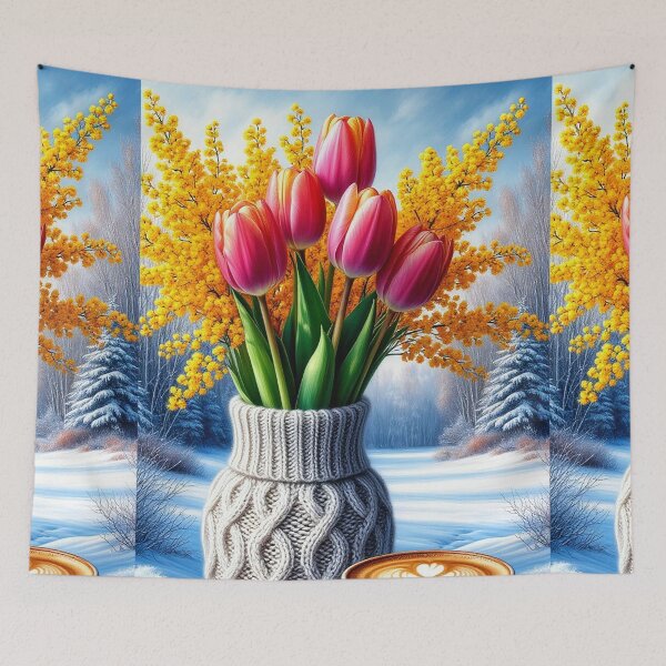 Item preview, Cozy Winter Coffee with Tulips – Spring Flowers in Snow Scene designed and sold by AmetistLight.