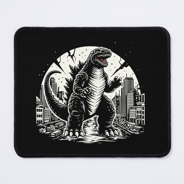 Item preview, A powerful and fierce dinosaur towers over a cityscape, showcasing strength and dominance in black and white. designed and sold by beast-net.