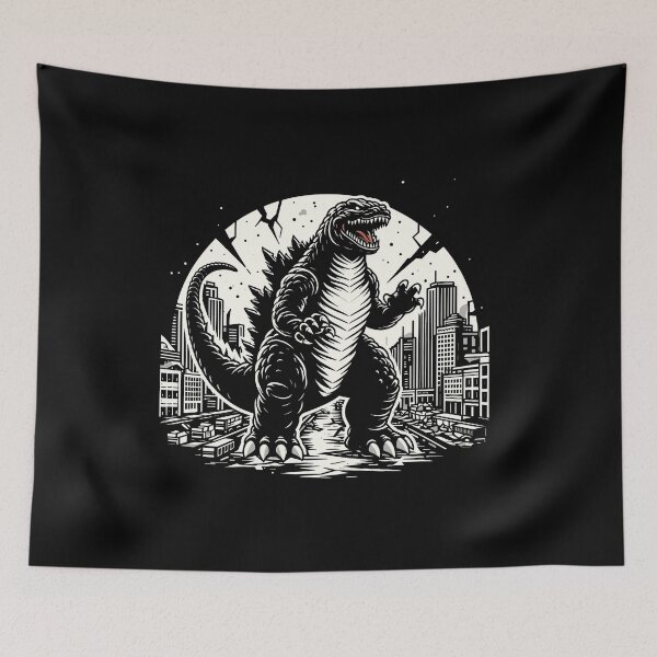 Item preview, A powerful and fierce dinosaur towers over a cityscape, showcasing strength and dominance in black and white. designed and sold by beast-net.