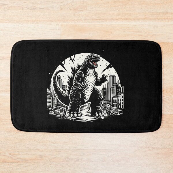 Item preview, A powerful and fierce dinosaur towers over a cityscape, showcasing strength and dominance in black and white. designed and sold by beast-net.