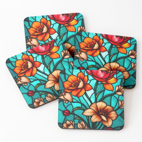 Item preview, Orange and Red Flowers Stained Glass designed and sold by Sachie's Studio.