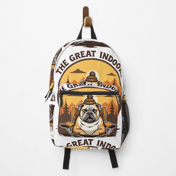 Item preview, The Great Indoors - Funny Grumpy English Bulldog Camping Hater Badge designed and sold by The Grumpy Pet Club.
