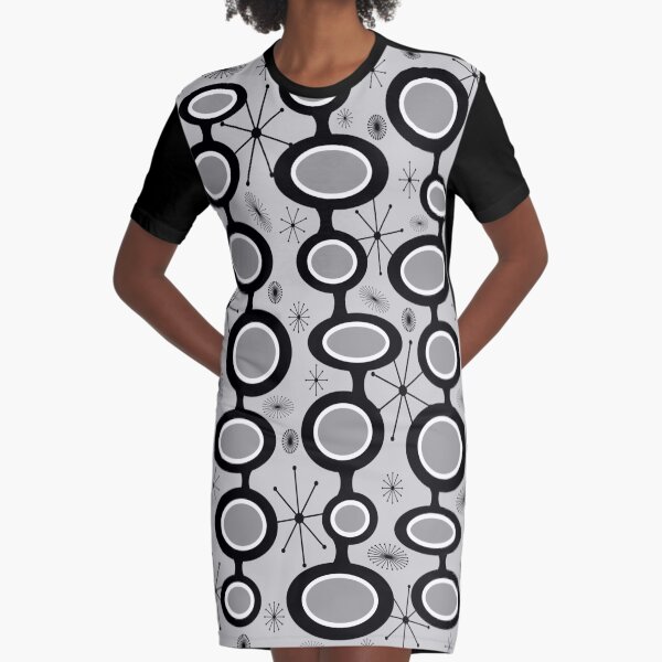 Gray Atomic Age Art - Mid Century Modern in Black & White Graphic T-Shirt Dress