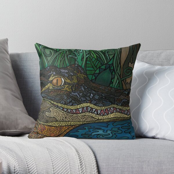 Alligator - Down In The Bayou - Grey Throw Pillow by Heather