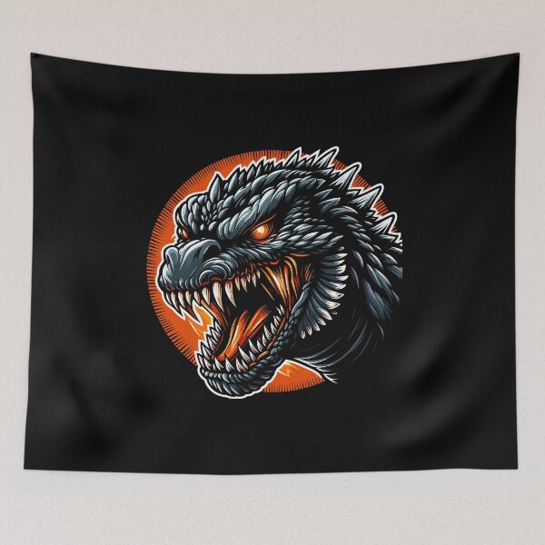 Item preview, A fierce dragon-like creature with sharp teeth and glowing eyes, set against an orange circular background. designed and sold by beast-net.