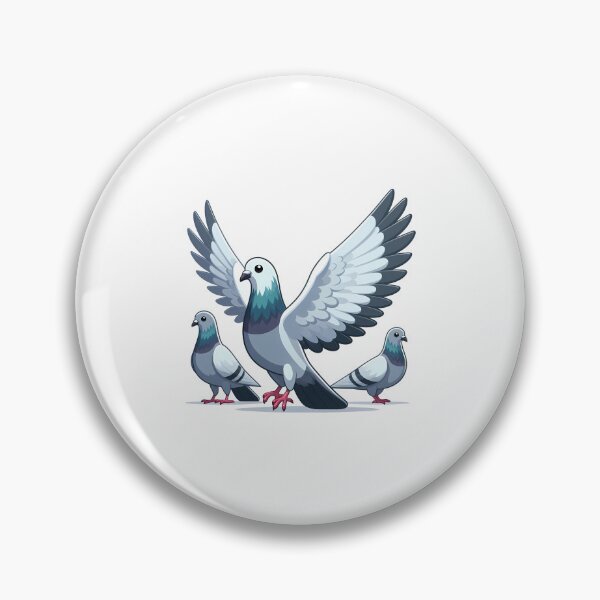 Item preview, Three animated gray pigeons, two standing and one with wings spread wide, showcasing vibrant colors. designed and sold by cave-canvas.