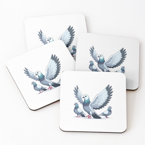 Item preview, Three animated gray pigeons, two standing and one with wings spread wide, showcasing vibrant colors. designed and sold by cave-canvas.