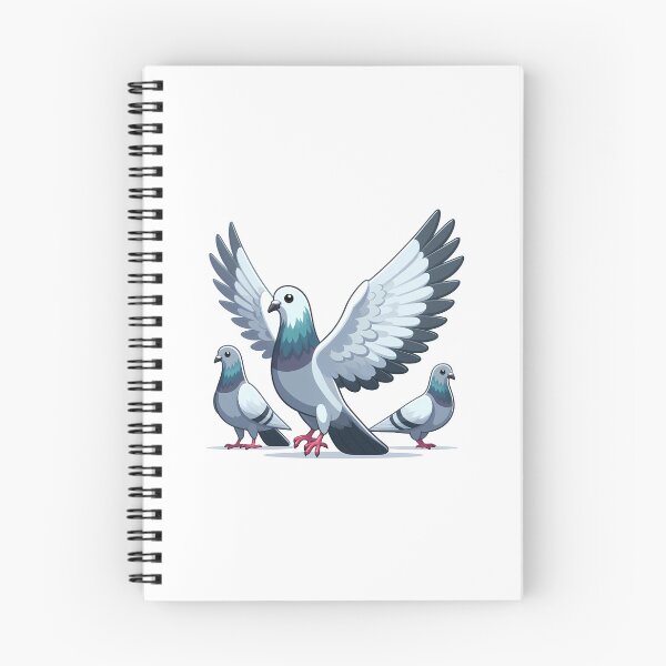 Item preview, Three animated gray pigeons, two standing and one with wings spread wide, showcasing vibrant colors. designed and sold by cave-canvas.
