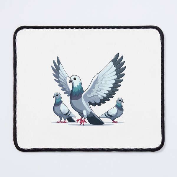 Item preview, Three animated gray pigeons, two standing and one with wings spread wide, showcasing vibrant colors. designed and sold by cave-canvas.