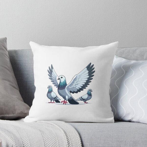 Item preview, Three animated gray pigeons, two standing and one with wings spread wide, showcasing vibrant colors. designed and sold by cave-canvas.