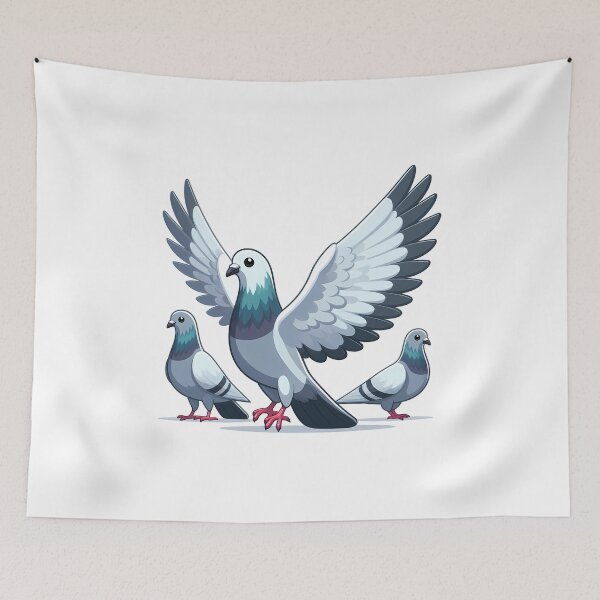 Item preview, Three animated gray pigeons, two standing and one with wings spread wide, showcasing vibrant colors. designed and sold by cave-canvas.