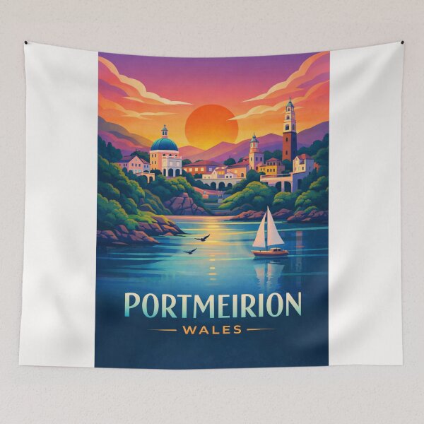 Artikelvorschau, Portmeirion Sunset View – Italienisches Dorf in Gwynedd, Nordwales mit Blick auf die Dwyryd-Mündung entworfen und verkauft von Places On Earth.