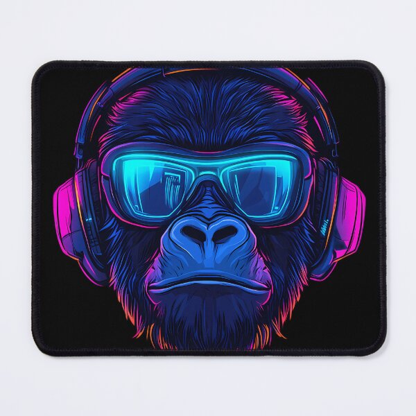 Item preview, Neon Gorilla with Blue Visor – Cyber Headphones Synthwave Mascot designed and sold by Beachy Beasts.