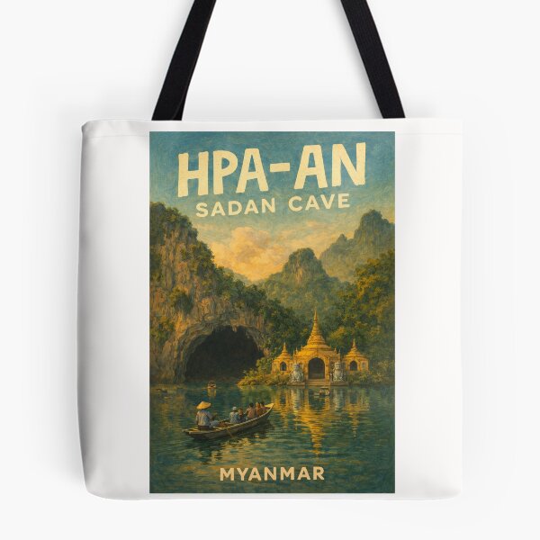 Item preview, Golden Entrance to Sadan Cave – Hpa-An Landmark with Pagodas and Limestone Cliffs in Kayin State, Myanmar designed and sold by Places On Earth.