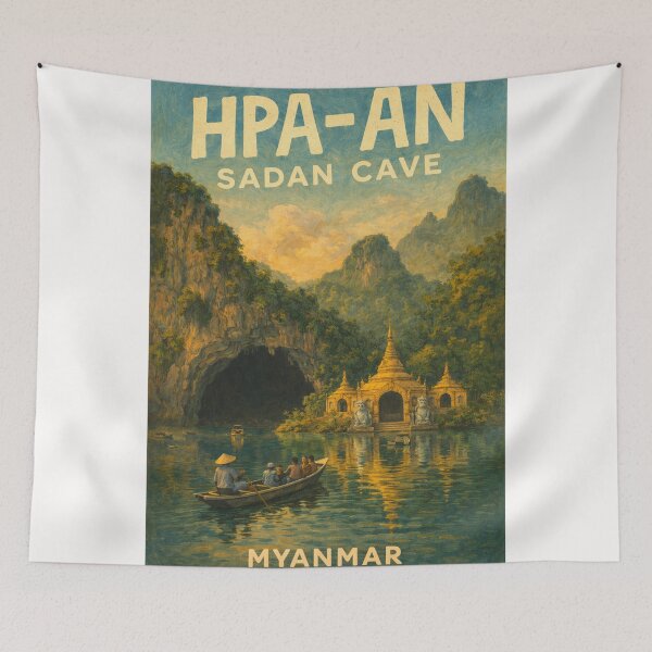 Item preview, Golden Entrance to Sadan Cave – Hpa-An Landmark with Pagodas and Limestone Cliffs in Kayin State, Myanmar designed and sold by Places On Earth.
