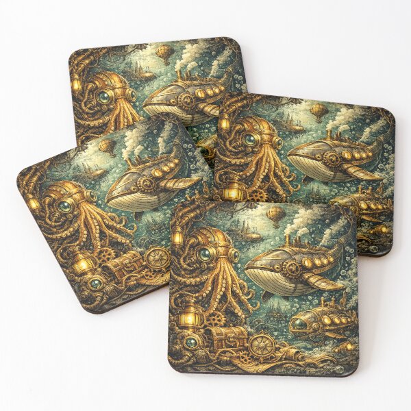 Item preview, Steampunk Underwater Odyssey - Mechanical Octopus and Whale Submarine Art designed and sold by freackly.