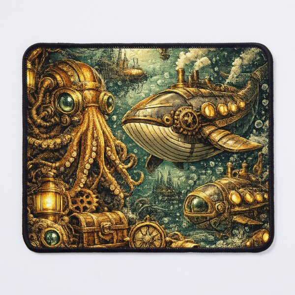 Item preview, Steampunk Underwater Odyssey - Mechanical Octopus and Whale Submarine Art designed and sold by freackly.