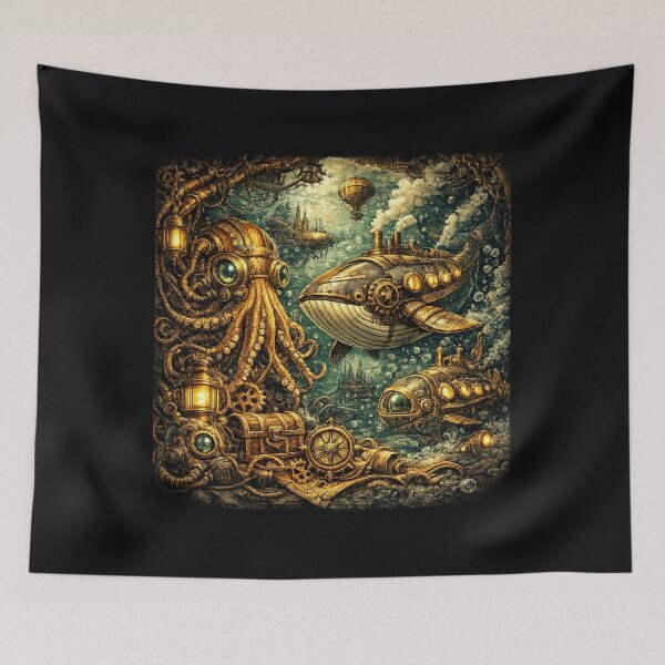 Item preview, Steampunk Underwater Odyssey - Mechanical Octopus and Whale Submarine Art designed and sold by freackly.