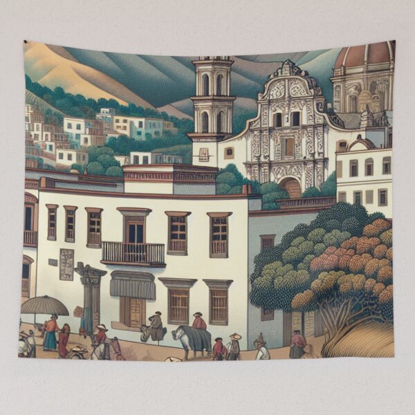 Item preview, Saltillo Mexico Ukiyo-e Japanese Woodblock Style Colonial Town Art designed and sold by Vandy Fullam.