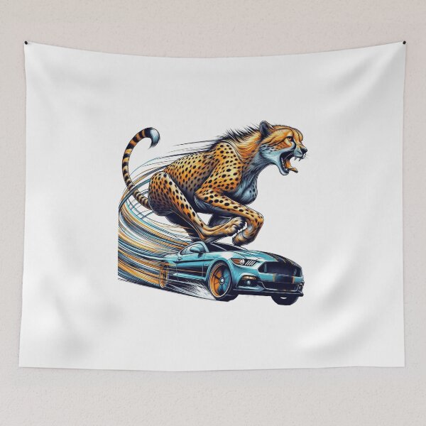Item preview, Roaring Cheetah Jumping Over Blue Sports Car – Speed Power Art designed and sold by Adappai.