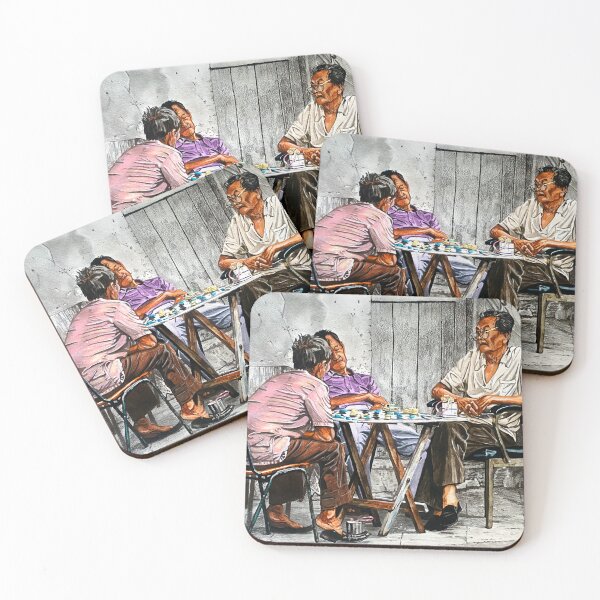 Item preview, Two Men Playing Checkers – Singapore Watercolor & Pencil Art designed and sold by A Migo Design.