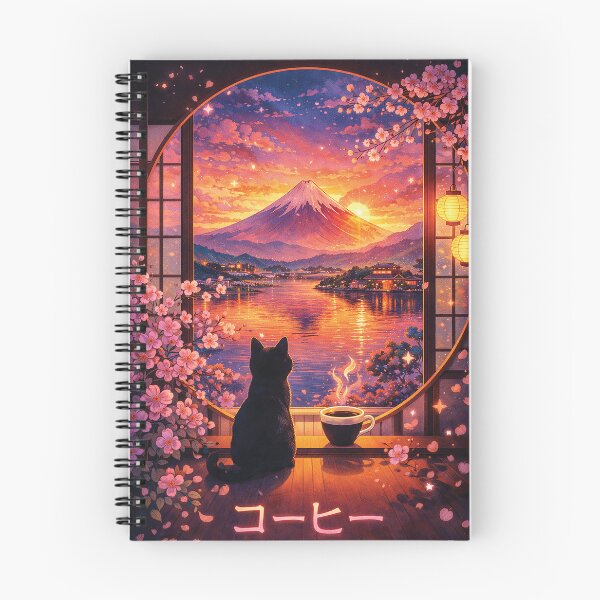 Item preview, Mount Fuji Sunset Cat Coffee – Sakura Japan Aesthetic Wall Art Print designed and sold by Gold Turtle  Lina.