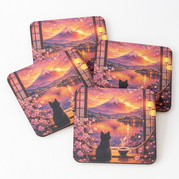 Item preview, Mount Fuji Sunset Cat Coffee – Sakura Japan Aesthetic Wall Art Print designed and sold by Gold Turtle Lina.