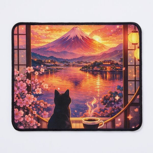 Item preview, Mount Fuji Sunset Cat Coffee – Sakura Japan Aesthetic Wall Art Print designed and sold by Gold Turtle Lina.