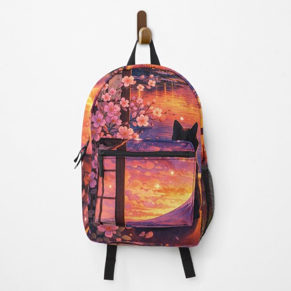 Item preview, Mount Fuji Sunset Cat Coffee – Sakura Japan Aesthetic Wall Art Print designed and sold by Gold Turtle Lina.
