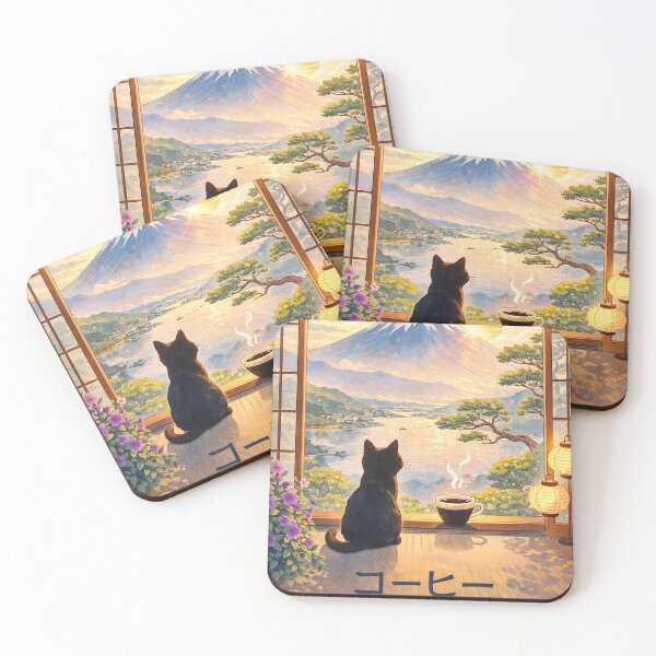 Item preview, Mount Fuji Sunrise Cat Coffee – Japan Aesthetic Window View Wall Art Print designed and sold by Gold Turtle Lina.