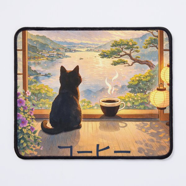 Item preview, Mount Fuji Sunrise Cat Coffee – Japan Aesthetic Window View Wall Art Print designed and sold by Gold Turtle Lina.