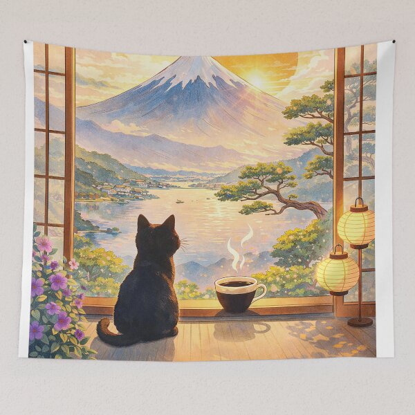 Item preview, Mount Fuji Sunrise Cat Coffee – Japan Aesthetic Window View Wall Art Print designed and sold by Gold Turtle Lina.