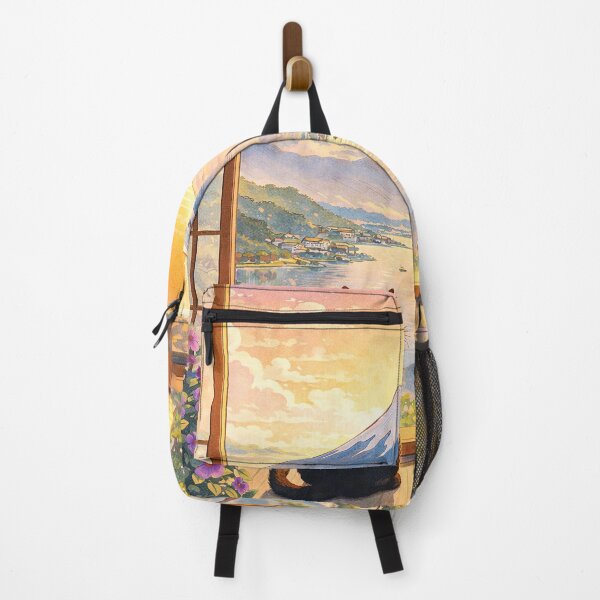 Item preview, Mount Fuji Sunrise Cat Coffee – Japan Aesthetic Window View Wall Art Print designed and sold by Gold Turtle Lina.