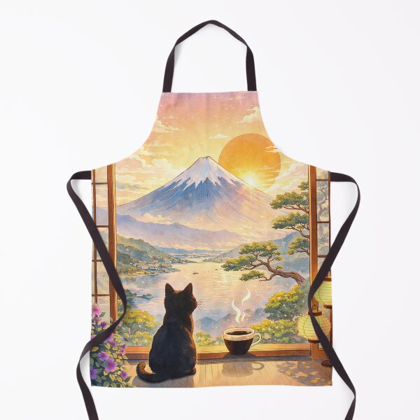 Item preview, Mount Fuji Sunrise Cat Coffee – Japan Aesthetic Window View Wall Art Print designed and sold by Gold Turtle Lina.