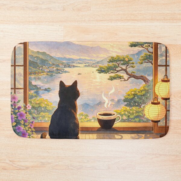 Item preview, Mount Fuji Sunrise Cat Coffee – Japan Aesthetic Window View Wall Art Print designed and sold by Gold Turtle Lina.