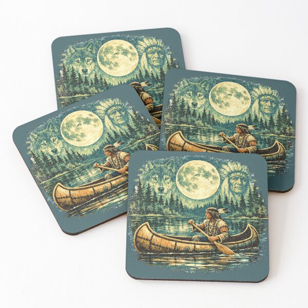Item preview, Native American Rowing Under Full Moon with Wolf Spirit designed and sold by TeeARTHY.