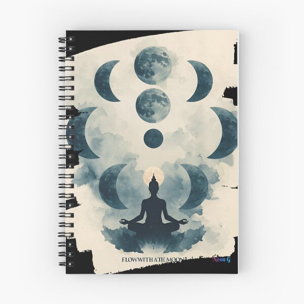 Item preview, Elegant moon phases with yogi meditating below, cosmic aura, mystical text ‘Flow With The Moon’ 5 designed and sold by Neon G.