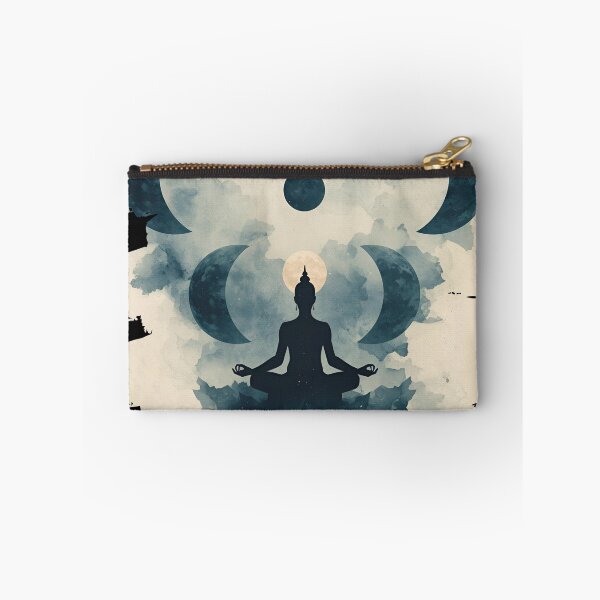 Item preview, Elegant moon phases with yogi meditating below, cosmic aura, mystical text ‘Flow With The Moon’ 5 designed and sold by Neon G.