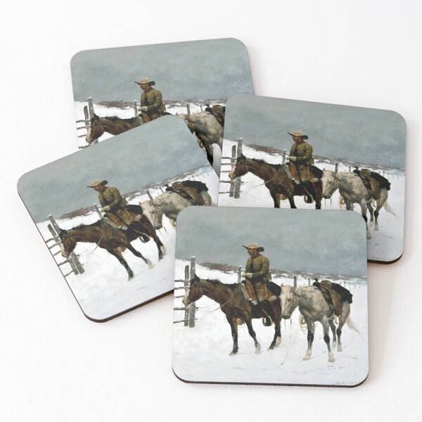 Item preview, Cowboy in Snow Western Art Print Vintage Ranch Scene designed and sold by ArtDesignRemix.