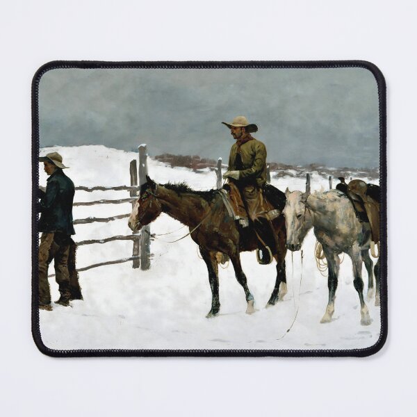 Item preview, Cowboy in Snow Western Art Print Vintage Ranch Scene designed and sold by ArtDesignRemix.