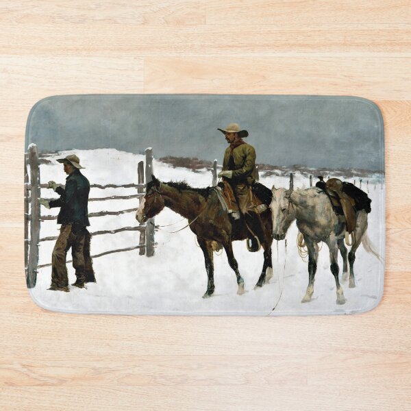 Item preview, Cowboy in Snow Western Art Print Vintage Ranch Scene designed and sold by ArtDesignRemix.