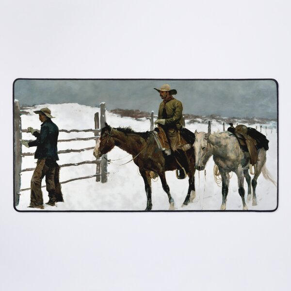 Item preview, Cowboy in Snow Western Art Print Vintage Ranch Scene designed and sold by ArtDesignRemix.