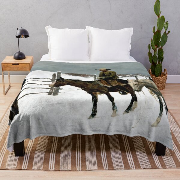 Item preview, Cowboy in Snow Western Art Print Vintage Ranch Scene designed and sold by ArtDesignRemix.