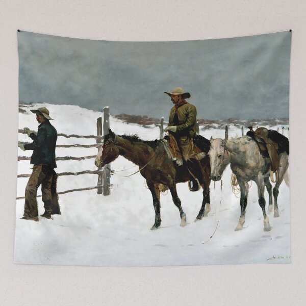 Item preview, Cowboy in Snow Western Art Print Vintage Ranch Scene designed and sold by ArtDesignRemix.