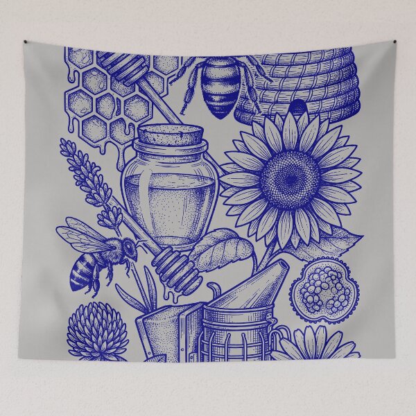 Item preview, Navy Blue Botanical Bee - Vintage Blueprint Style designed and sold by DigitalGlade.