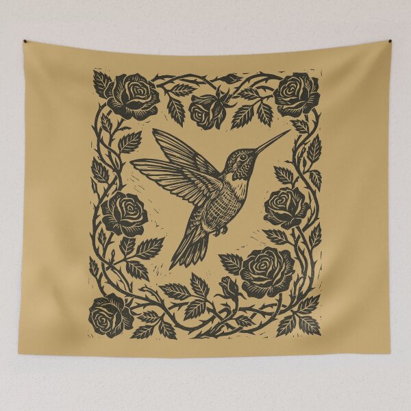 Item preview, Hummingbird Roses Lino Folklore Floral Bird      designed and sold by Y-Vibes.