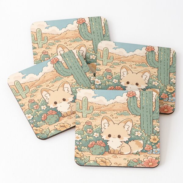 Item preview, Kawaii Fennec Fox sitting in Flowering Desert Meadow with Cacti and Wildflowers designed and sold by AshiraCreations.